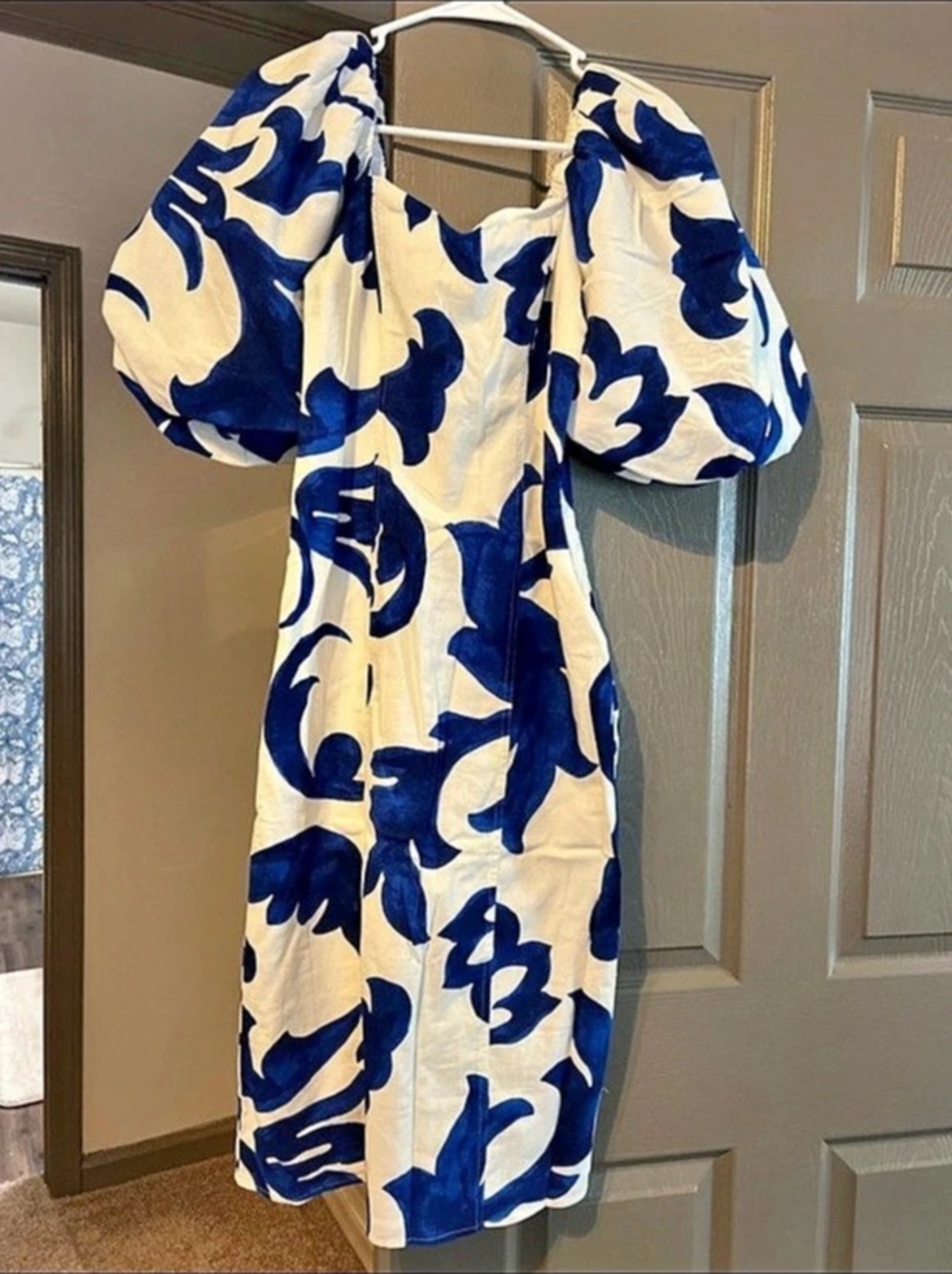 H&M Puff-Sleeved Dress Blue & White Abstract Midi Dress